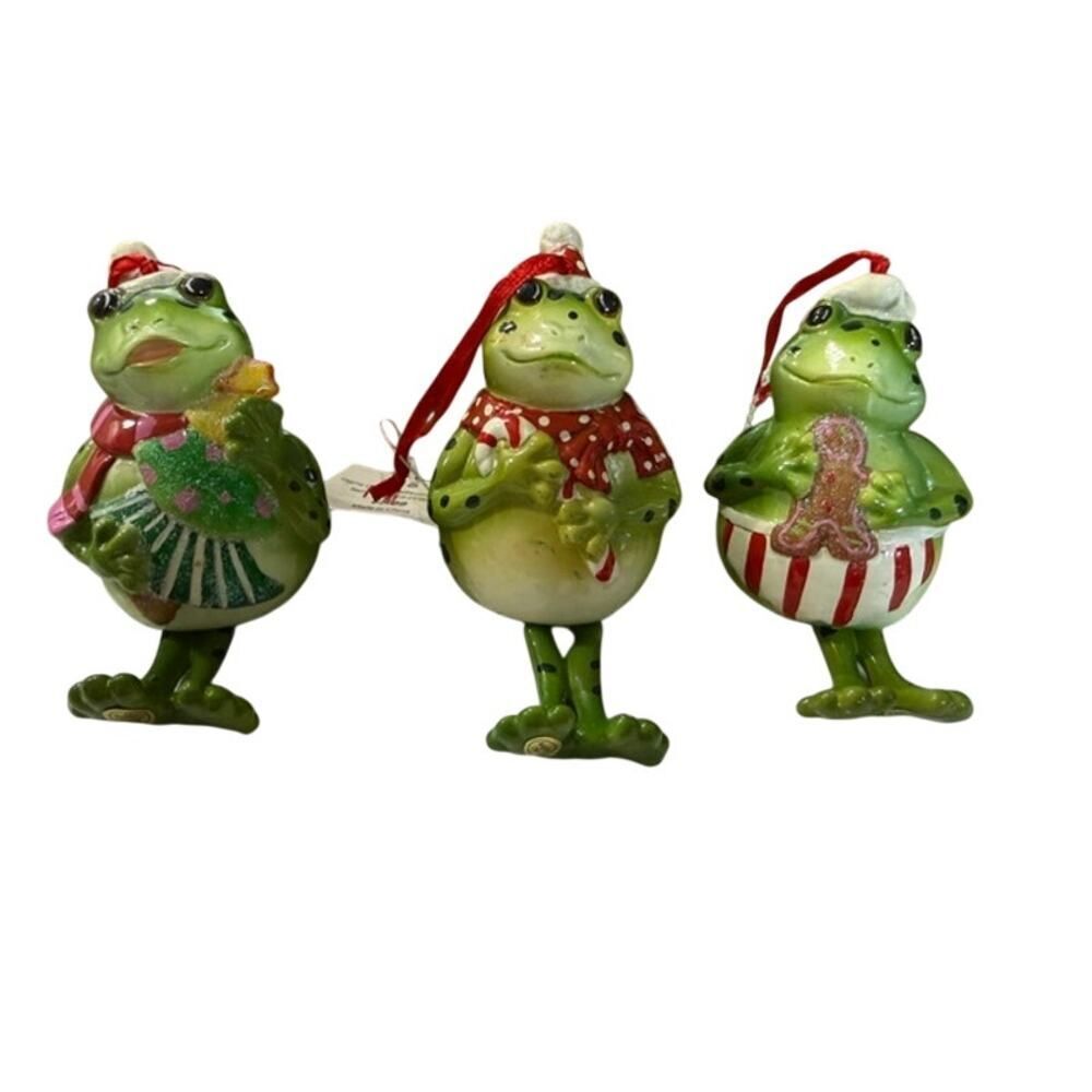Hoppity Frog Christmas Ornaments Set of 3 Green Bell Shaped 6"